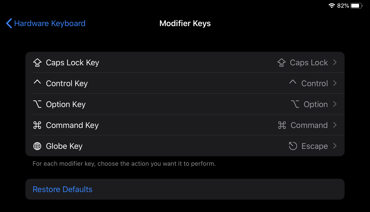 Remapping modifier keys in iPadOS